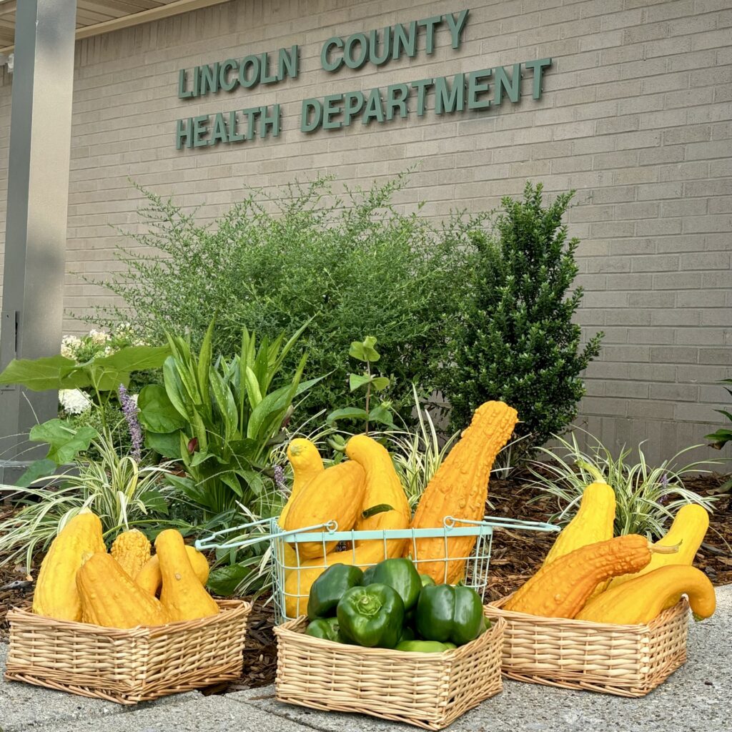 Fresh farmer's market produce in front of Lincoln County Health Department exterior